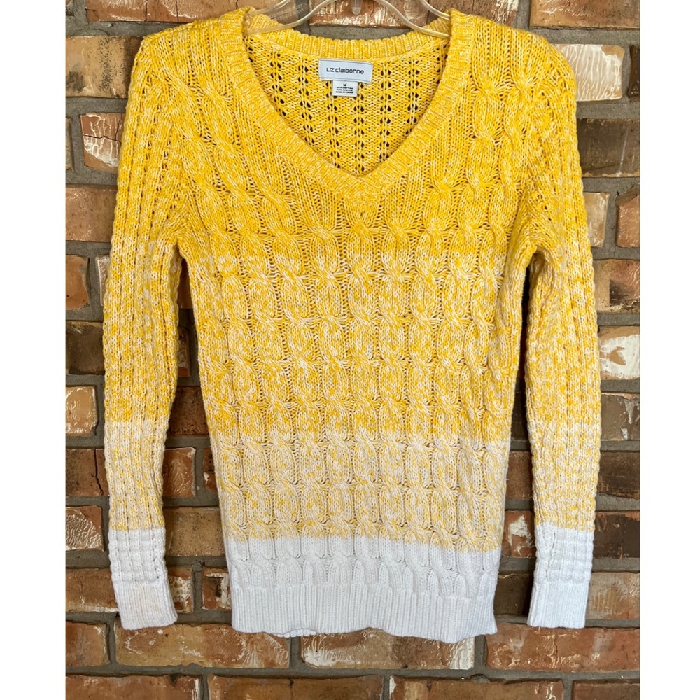 Liz Claiborne Women’s Pullover V-Neck Yellow Ombré Cable Knit Sweater Medium